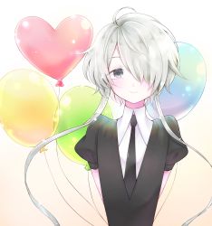 Rule 34 | 1other, ahoge, androgynous, arms behind back, balloon, colored eyelashes, gem uniform (houseki no kuni), ghost quartz (houseki no kuni), grey eyes, grey hair, hair over one eye, highres, houseki no kuni, looking at viewer, necktie, nekotamago, short hair with long locks, smile, solo, upper body, white hair