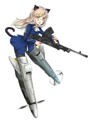 Rule 34 | 1girl, animal ears, aohashi ame, ascot, black pantyhose, blonde hair, blue jacket, bren lmg, cat ears, cat tail, flying, full body, glasses, gun, holding, holding weapon, jacket, light machine gun, long hair, looking to the side, machine gun, military, military uniform, no pants, open mouth, pantyhose, perrine h. clostermann, simple background, solo, squad automatic weapon, strike witches, striker unit, tail, uniform, weapon, white background, world witches series, yellow eyes