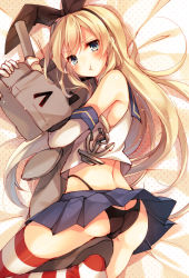 Rule 34 | &gt;:t, 10s, 1girl, :t, ass, black panties, blonde hair, butt crack, elbow gloves, gloves, hairband, highleg, highleg panties, hugging object, kantai collection, long hair, looking at viewer, no shoes, panties, personification, pout, rensouhou-chan, shimakaze (kancolle), striped clothes, striped thighhighs, thighhighs, toosaka asagi, underwear, v-shaped eyebrows