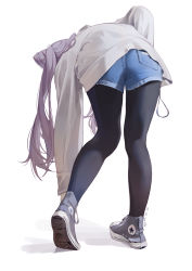 Rule 34 | 1girl, absurdres, adjusting footwear, ai xiao meng, bent over, black pantyhose, blue shorts, cone hair bun, dated, from behind, full body, genshin impact, hair bun, highres, keqing (genshin impact), long hair, long sleeves, pantyhose, pantyhose under shorts, purple hair, shoes, short shorts, shorts, signature, simple background, solo, thighs, twintails, white background