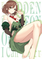 Rule 34 | 1girl, absurdres, bare shoulders, barefoot, between breasts, breasts, brown eyes, brown hair, cleavage, detached collar, detached sleeves, dress, feet, green dress, grin, highres, holding, holding clothes, holding dress, lola (ore dake haireru kakushi dungeon), looking at viewer, necktie, necktie between breasts, official art, ore dake haireru kakushi dungeon, red necktie, short hair, simple background, smile, solo, white background