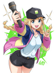 Rule 34 | 1girl, :d, black hat, black shorts, blonde hair, blouse, blue eyes, blue jacket, blunt bangs, bowieknife, braid, breasts, collarbone, green background, hat, highres, holding, holding microphone, jacket, long hair, looking at viewer, m/, medium breasts, microphone, multicolored clothes, multicolored jacket, open mouth, paripi koumei, pink jacket, shirt, short shorts, shorts, smile, solo, sparkle, teeth, tsukimi eiko, twin braids, two-tone background, upper teeth only, white background, white shirt, yellow jacket