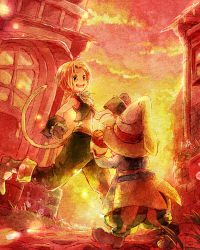 Rule 34 | 2boys, ascot, bare arms, black mage (final fantasy), blonde hair, boots, building, cloud, cloudy sky, final fantasy, final fantasy ix, from behind, full body, gloves, grass, hat, holding, holding clothes, holding hat, low ponytail, monkey tail, multiple boys, open mouth, pants, sky, smile, square enix, striped clothes, striped pants, sunset, tail, takanamushi, teeth, upper teeth only, vest, vivi ornitier, walking, wizard hat, zidane tribal