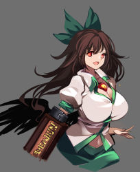 Rule 34 | 1girl, :d, arm cannon, bird wings, black wings, blush, bow, breasts, brown hair, cleavage, collarbone, collared shirt, commentary, control rod, english commentary, eyelashes, frills, green bow, green skirt, grey background, hair bow, highres, large breasts, long hair, looking at viewer, navel, open mouth, puffy short sleeves, puffy sleeves, raptor7, red eyes, reiuji utsuho, shirt, short sleeves, sidelocks, simple background, skirt, smile, solo, standing, stomach, third eye, touhou, weapon, wing collar, wings