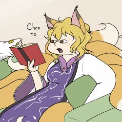 Rule 34 | 1girl, animal ears, blonde hair, book, chen, comic, dress, english text, female focus, flat color, fox ears, fox tail, lowres, multiple tails, robin (unlimited world), simple background, solo, tail, touhou