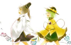 Rule 34 | 2girls, 6 (yuchae), bow, clothes pull, dress, dress pull, fang, flower, green hair, hat, hat bow, japanese clothes, kariginu, komeiji koishi, mononobe no futo, multiple girls, open mouth, ponytail, pulling another&#039;s clothes, ribbon, rose, short hair, silver hair, skirt, tate eboshi, third eye, touhou, white background, wide sleeves