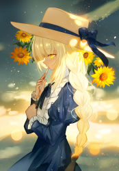 Rule 34 | 1girl, blonde hair, blue bow, blue dress, blue ribbon, bow, braid, brown hat, closed mouth, commentary request, dress, envelope, flower, from side, hand up, hat, hat bow, highres, holding, holding envelope, juexing (moemoe3345), juliet sleeves, long hair, long sleeves, looking away, neck ribbon, original, profile, puffy sleeves, ribbon, single braid, solo, sunflower, very long hair, yellow eyes, yellow flower