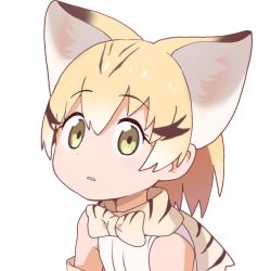 Rule 34 | 1girl, animal ear fluff, animal ears, bare shoulders, blonde hair, bow, bowtie, brown hair, cat ears, extra ears, hair between eyes, kemono friends, long hair, looking at viewer, multicolored hair, parted lips, sand cat (kemono friends), shirt, simple background, sleeveless, sleeveless shirt, solo, tadanoshi kabane, two-tone hair, upper body, white background, white shirt, yellow eyes