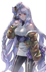 Rule 34 | 1girl, absurdly long hair, black pants, brown coat, character name, closed mouth, clothes down, coat, cowboy shot, floating hair, hair ornament, highres, index finger raised, long hair, looking at viewer, macross, macross delta, mikumo guynemer, nail polish, open clothes, open coat, pants, purple hair, purple nails, red eyes, shimatani azu, simple background, smile, solo, standing, very long hair, vest, white background, white vest