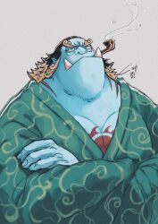 Rule 34 | 1boy, alternate costume, black hair, blue skin, colored skin, crossed arms, curly eyebrows, fins, fish boy, frown, green kimono, half-closed eyes, highres, ippaiotabe mkw, japanese clothes, jinbe (one piece), kimono, large pectorals, looking up, male focus, mature male, multicolored hair, muscular, muscular male, one piece, pectorals, pointy ears, smoking, smoking pipe, solo, thinking, tusks, two-tone hair, upper body, wavy ends