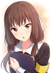 Rule 34 | 1girl, :o, absurdres, armband, bad id, bad twitter id, black dress, blush, brown eyes, brown hair, chestnut mouth, clipboard, collared dress, commentary, dress, gradient background, highres, holding, holding clipboard, holding notepad, iino miko, kaguya-sama wa kokurasetai ~tensai-tachi no renai zunousen~, looking at viewer, low twintails, notepad, hugging object, open mouth, red ribbon, ribbon, school uniform, sekina, shuuchiin academy school uniform, solo, twintails, upper body