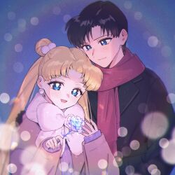 Rule 34 | 1boy, 1girl, arm around shoulder, bishoujo senshi sailor moon, black coat, black gloves, black hair, blonde hair, blue background, blue eyes, blurry, blurry foreground, bow, brown coat, chiba mamoru, closed mouth, coat, couple, double bun, earrings, flower, gloves, hair bobbles, hair bun, hair ornament, hetero, highres, holding, holding flower, jewelry, light blush, long hair, long sleeves, open mouth, parted bangs, pink bow, purple sweater, red scarf, scarf, short hair, smile, sweater, tsukino usagi, twintails, upper body, winter clothes, winter coat, yyemoyy
