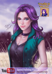 Rule 34 | 1girl, abigail (stardew valley), aqua eyes, black choker, black hair, black shirt, blurry, blurry background, breasts, choker, cleavage, cloud, cloudy sky, collarbone, commentary, copyright name, depth of field, english text, grass, highres, long hair, looking at viewer, medium breasts, open clothes, open shirt, outdoors, pink lips, shirt, shirt under shirt, signature, sky, solo, speedpaint, standing, stardew valley, watermark, web address, youtube logo, youtube username