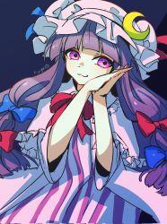 Rule 34 | 1girl, :3, bow, braid, crescent, crescent hat ornament, dress, hair bow, hat, hat ornament, highres, long hair, mob cap, myuga66666, one-hour drawing challenge, own hands together, patchouli knowledge, purple eyes, purple hair, ribbon, solo, touhou