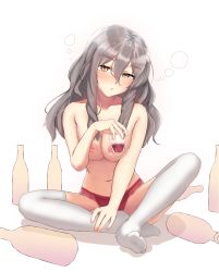 Rule 34 | 1girl, alcohol, bad id, bad pixiv id, bottle, breasts, brown eyes, cup, drinking glass, drunk, hair between eyes, highres, kantai collection, large areolae, large breasts, long hair, looking at viewer, moose (moosemitchell2), nipples, panties, pola (kancolle), red panties, simple background, sitting, solo, thighhighs, underwear, wavy hair, white thighhighs, wine, wine glass