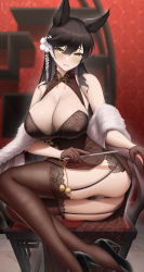 Rule 34 | 1girl, alternate costume, animal ears, ass, atago (azur lane), azur lane, bad anatomy, bare shoulders, black footwear, black panties, bra, breasts, brown bra, brown dress, brown gloves, brown hair, brown thighhighs, chair, china dress, chinese clothes, cleavage, cleavage cutout, clothing cutout, dress, feather boa, fine fabric emphasis, flower, folded fan, folding fan, fouriasensei, garter straps, gloves, hair between eyes, hair flower, hair ornament, half gloves, hand fan, high heels, highres, holding, holding fan, lace, lace-trimmed legwear, lace trim, large breasts, long hair, looking at viewer, panties, shoes, side slit, sitting, skindentation, sleeveless, sleeveless dress, solo, thighhighs, underwear, white flower, yellow eyes