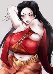 Rule 34 | 1girl, absurdres, arms up, black hair, blush, breasts, commentary, earrings, english commentary, grey background, highres, huge breasts, jewelry, k (kuayrenaiz), kurenaiz (kuayrenaiz), long hair, looking at viewer, midriff, multicolored hair, navel, open mouth, orange eyes, original, red hair, simple background, solo, streaked hair, thai clothes, thai text, translation request