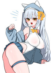 :3 absurdres animal_ear_legwear blue_jacket blue_skirt blush bow breasts highres jacket large_breasts long_hair looking_at_viewer microskirt oha_(oha_h22) open_mouth original see-through_clothes see-through_shirt shirt skirt smile thigh_strap twintails white_hair white_shirt yellow_bow