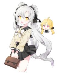 Rule 34 | 2girls, :d, ahoge, aug para (girls&#039; frontline), bare legs, black skirt, blonde hair, bow, briefcase, chibi, chibi inset, cowboy shot, girls&#039; frontline, hair ribbon, highres, holding, holding briefcase, jin2, long hair, long sleeves, multiple girls, open mouth, pink eyes, pleated skirt, ribbon, s-acr (girls&#039; frontline), sailor collar, school briefcase, school uniform, serafuku, skirt, smile, twintails, very long hair, white background, white hair, yellow eyes