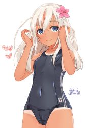 Rule 34 | 1girl, alakoala, blonde hair, blue eyes, cameltoe, cowboy shot, dated, flower, hair flower, hair ornament, heart, highres, kantai collection, long hair, looking at viewer, one-piece tan, ro-500 (kancolle), school swimsuit, simple background, solo, swimsuit, tan, tanline, twitter username, white background
