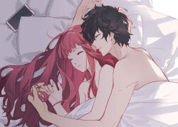 Rule 34 | 1boy, 1girl, amamiya ren, bed sheet, black hair, cellphone, closed eyes, commentary request, fingernails, hand in another&#039;s hair, hetero, highres, long hair, lying, messy hair, naked sheet, on bed, persona, persona 5, persona 5 the royal, phone, pillow, red hair, short hair, sleeping, tsubsa syaoin, under covers, very long hair, yoshizawa sumire