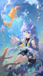 Rule 34 | 1girl, :d, absurdres, ahoge, air bubble, bailu (honkai: star rail), baofandxy, bare shoulders, black dress, blue eyes, blue hair, blue sleeves, blue vest, boots, bubble, coral, crossed bangs, detached sleeves, dragon girl, dragon horns, dragon tail, dress, fish, foot out of frame, hand up, highres, holding gourd, honkai: star rail, honkai (series), horns, long hair, open mouth, pointy ears, smile, solo, sparkle, tail, tassel, twintails, underwater, vest, water