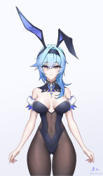 1girl absurdres animal_ears ass bare_shoulders black_leotard blue_hair breasts chamuhz chinese_commentary cleavage covered_navel dated detached_collar detached_sleeves eula_(genshin_impact) expressionless fake_animal_ears female_focus gem genshin_impact gluteal_fold hair_between_eyes highleg highleg_leotard highres jewelry leotard looking_at_viewer medium_hair multicolored_eyes pantyhose playboy_bunny puffy_short_sleeves puffy_sleeves purple_eyes short_sleeves signature simple_background solo split_mouth thighs white_background yellow_eyes