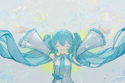 Rule 34 | 1girl, :d, absurdres, bare shoulders, blue hair, blue necktie, breasts, chinese commentary, closed eyes, collared shirt, commentary request, detached sleeves, facing viewer, floating hair, frilled shirt, frills, hair between eyes, hatsune miku, highres, kikihuihui, long hair, long sleeves, necktie, open mouth, shirt, sidelocks, sleeveless, sleeveless shirt, small breasts, smile, solo, straight-on, teeth, tie clip, twintails, upper body, upper teeth only, very long hair, vocaloid, white shirt