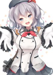 Rule 34 | 10s, 1girl, bag, blush, epaulettes, gloves, grey eyes, hat, heart, highres, igayan, incoming hug, kantai collection, kashima (kancolle), looking at viewer, military, military uniform, open mouth, outstretched arms, silver hair, skirt, smile, solo, twintails, uniform, white gloves