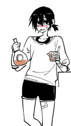 Rule 34 | 1boy, aged up, alcohol, bandages, bandaid, bandaid on face, blush, bottle, cigarette, cup, decanter, drinking glass, drooling, grin, highres, lee hoon, liquor, looking at viewer, male focus, mouth drool, parkgee, short ponytail, short shorts, shorts, simple background, sketch, smile, solo, suicide boy, whiskey, white background
