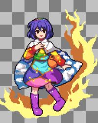 Rule 34 | 1girl, :d, bag, boots, cape, checkered background, full body, grey background, hairband, long sleeves, looking at viewer, lowres, mirukuro092, multicolored clothes, multicolored hairband, open mouth, patchwork clothes, pixel art, purple eyes, purple footwear, short hair, sky print, smile, solo, standing, tenkyuu chimata, touhou, white cape