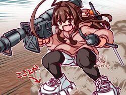 Rule 34 | 1girl, artist logo, black pantyhose, commentary request, dated, fang, hood, hooded sweater, kantai collection, kuma (kancolle), kutone shirika, machinery, official alternate costume, open mouth, pantyhose, pink sweater, rocket launcher, shoes, shorts, smile, sneakers, solo, sweater, weapon, white footwear, white shorts