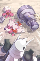 Rule 34 | aggron, artist name, bandana, battle, closed mouth, commentary request, creatures (company), full body, game freak, gen 3 pokemon, hammer, high ponytail, highres, holding, holding hammer, long hair, looking at another, makoto ikemu, nintendo, no humans, open mouth, outdoors, pink hair, pokemon, pokemon (creature), pokemon mystery dungeon, ponytail, purple eyes, red bandana, signature, standing, tinkaton, tinkatuff, twintails, v-shaped eyes