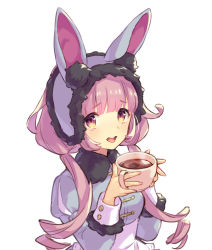 1girl, ame8desu, animal ears, bangs, blunt bangs, bunny ears, cup, fake animal ears, holding, holding cup, juliet sleeves, light blush, long hair, long sleeves, looking at viewer, low twintails, open mouth, orange eyes, original, puffy sleeves, purple hair, ringlets, simple background, sleeve cuffs, solo, tearing up, twintails, upper body, upper teeth, white background