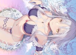 Rule 34 | 1girl, bare shoulders, bikini, breasts, caren hortensia, caren hortensia (amor caren), caren hortensia (angel heart), cleavage, closed mouth, collarbone, day, fate/grand order, fate (series), from above, hair ornament, heart, heart hair ornament, innertube, long hair, looking at viewer, looking up, medium breasts, navel, outdoors, purple bikini, ritsuki, shallow water, silver hair, sitting, smile, solo, swim ring, swimsuit, thigh gap, thigh strap, very long hair, water, yellow eyes