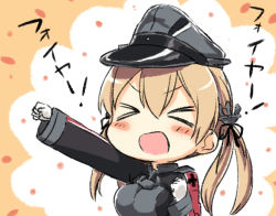 Rule 34 | &gt; &lt;, 10s, 1girl, :d, anchor hair ornament, brown hair, commentary request, engiyoshi, closed eyes, hair ornament, hat, kantai collection, long hair, looking at viewer, open mouth, peaked cap, prinz eugen (kancolle), raised fist, smile, solo, translation request, twintails, xd