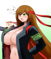 Rule 34 | 1boy, 1girl, 2channel, alternate breast size, armband, black jacket, blush, breasts, brown hair, commentary request, dated, green background, green eyes, headband, heterochromia, highres, itini-sanshi, jacket, large breasts, long hair, looking at breasts, navel, no bra, no shirt, notice lines, open clothes, open jacket, open mouth, ouendan, red eyes, red headband, rozen maiden, solo focus, suiseiseki, sweat, upper body, v-shaped eyebrows, very long hair, yaruo