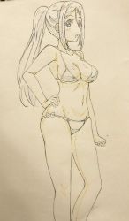 Rule 34 | 10s, 1girl, :o, bikini, blue hair, blush, breasts, cleavage, clenched hand, collarbone, color trace, commentary request, graphite (medium), hand on own hip, highres, kotokoto (jumon), large breasts, long hair, looking at viewer, love live!, love live! sunshine!!, matsuura kanan, open mouth, ponytail, solo, swimsuit, traditional media, underboob