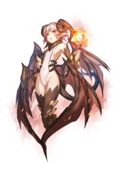 Rule 34 | 1girl, bare shoulders, brown sleeves, brown thighhighs, brown wings, covered navel, curled horns, detached sleeves, dragon girl, dragon horns, dragon tail, dragon wings, fang, gloves, grey hair, groin, hand on own hip, hand up, highres, horns, kazana (sakuto), leotard, long sleeves, looking at viewer, multiple wings, original, parted lips, red eyes, short hair, solo, tail, thighhighs, white gloves, white leotard, wings