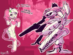 Rule 34 | 1boy, 2023, absurdres, animal ears, armored core, artist name, city, cosplay, crossover, english text, eyelashes, furry, furry male, gloves, green eyes, gun, heart, highres, looking at viewer, mecha, mouse (animal), mouse ears, mouse tail, neon genesis evangelion, open mouth, pink background, plugsuit, rat boy, reggie (whygena), robot, smile, solo, standing, standing on one leg, tail, trap, weapon, white fur, white hair, whygena
