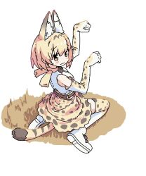 Rule 34 | 1girl, :3, animal ears, animal print, belt, blonde hair, blush stickers, boots, bow, bowtie, brown belt, brown bow, brown bowtie, cat ears, cat girl, cat tail, closed mouth, from behind, full body, gloves, hands up, kemono friends, looking at viewer, looking back, paw pose, print gloves, print skirt, print thighhighs, raised eyebrows, serval (kemono friends), shimotsu., shirt, short hair, simple background, sitting, skirt, sleeveless, sleeveless shirt, solo, tail, thighhighs, wariza, white background, white footwear, white shirt, yellow eyes, yellow gloves, yellow skirt
