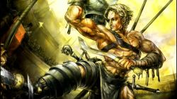 Rule 34 | 1boy, abs, arena, armor, belt, blonde hair, blood, dragon&#039;s crown, facial hair, gladiator, helmet, male focus, muscular, mustache, official art, solo, sword, weapon