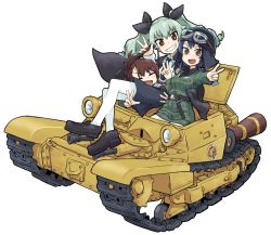 Rule 34 | 10s, 3girls, amaretto (girls und panzer), anchovy (girls und panzer), anzio (emblem), anzio military uniform, anzio school uniform, asymmetrical bangs, belt, black belt, black cape, black footwear, black hair, black hat, black neckwear, black ribbon, black skirt, braid, brown hair, cape, carro veloce cv-33, closed eyes, commentary, double v, dress shirt, drill hair, emblem, girls und panzer, goggles, goggles on headwear, green hair, grey jacket, grey skirt, grin, hair ribbon, half updo, hat, helmet, holding, holding riding crop, jacket, knife, loafers, long hair, long sleeves, looking at viewer, military, military uniform, military vehicle, miniskirt, monolith (suibou souko), motor vehicle, multiple girls, necktie, open mouth, pantyhose, pencil skirt, pepperoni (girls und panzer), pleated skirt, red eyes, ribbon, riding, riding crop, school uniform, shirt, shoes, short hair, side braid, simple background, sitting, skirt, smile, tank, twin drills, twintails, uniform, v, w, white background, white legwear, white shirt