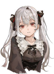 Rule 34 | 1girl, absurdres, bandaid, bandaid on neck, black dress, black ribbon, collarbone, commentary, dress, facial mark, genderswap, genderswap (mtf), grey hair, hair ribbon, heart, heart facial mark, highres, kuzuha (nijisanji), long hair, looking at viewer, mole, mole under eye, muyu713, neck ribbon, nijisanji, parted lips, red eyes, ribbon, simple background, solo, sweat, twintails, upper body, virtual youtuber, white background