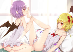Rule 34 | 2girls, ass, bare arms, bare legs, barefoot, bat wings, blonde hair, blush, bow, camisole, clothes between thighs, feet, flan (seeyouflan), flandre scarlet, foot focus, foot worship, hair bow, highres, holding another&#039;s foot, incest, indoors, leg grab, licking, licking foot, looking at another, lying, multiple girls, no panties, on back, on bed, pillow, purple hair, red bow, red eyes, remilia scarlet, siblings, sisters, sitting, soles, strap slip, toes, touhou, wariza, window, wings, yuri