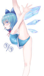 Rule 34 | 1girl, arms up, blue bow, blue eyes, blue hair, blue leotard, bow, cirno, cirno day, commentary, dated, english commentary, feet out of frame, flexible, hair bow, hand on own leg, highres, ice, ice wings, kuroshiro00, leotard, open mouth, short hair, simple background, solo, split, standing, standing on one leg, standing split, thighs, touhou, white background, wings
