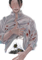 Rule 34 | 1boy, absurdres, black hair, blood, blood on clothes, blood on face, bone, closed eyes, clothes lift, collared shirt, ear piercing, getou suguru, highres, jgg30ksks, jujutsu kaisen, male focus, messy hair, open mouth, piercing, shirt, shirt lift, short hair, simple background, sleeves rolled up, smile, solo, upper body, white background, white shirt