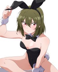 Rule 34 | animal ears, bare legs, bare shoulders, black bow, black bowtie, black leotard, bow, bowtie, breasts, commentary request, detached collar, fake animal ears, green hair, highleg, highleg leotard, highres, idolmaster, idolmaster million live!, leotard, looking at viewer, medium breasts, nagami tami, nagayoshi subaru, playboy bunny, rabbit ears, rabbit tail, red eyes, short hair, sitting, solo, strapless, strapless leotard, tail, wrist cuffs
