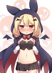 Rule 34 | 1girl, :o, animal ears, animal hood, baku-p, bat wings, black cape, black skirt, black wings, blonde hair, blush, bow, bowtie, breasts, cape, commentary request, crop top, detached wings, gloves, groin, hair between eyes, halloween, hood, hood up, hooded cape, jack-o&#039;-lantern, lily black, lily white, long hair, looking at viewer, midriff, miniskirt, multicolored cape, multicolored clothes, navel, nose blush, parted lips, pleated skirt, red bow, red bowtie, red cape, red eyes, skirt, small breasts, solo, stitched mouth, stitches, touhou, white gloves, wings