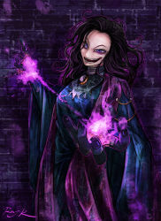 Rule 34 | 1girl, agatha harkness, amulet, animification, black hair, brick wall, commentary request, energy, glowing, highres, long hair, looking at viewer, marvel, marvel cinematic universe, purple eyes, ray-k, robe, signature, smirk, solo, wandavision, wide sleeves, witch